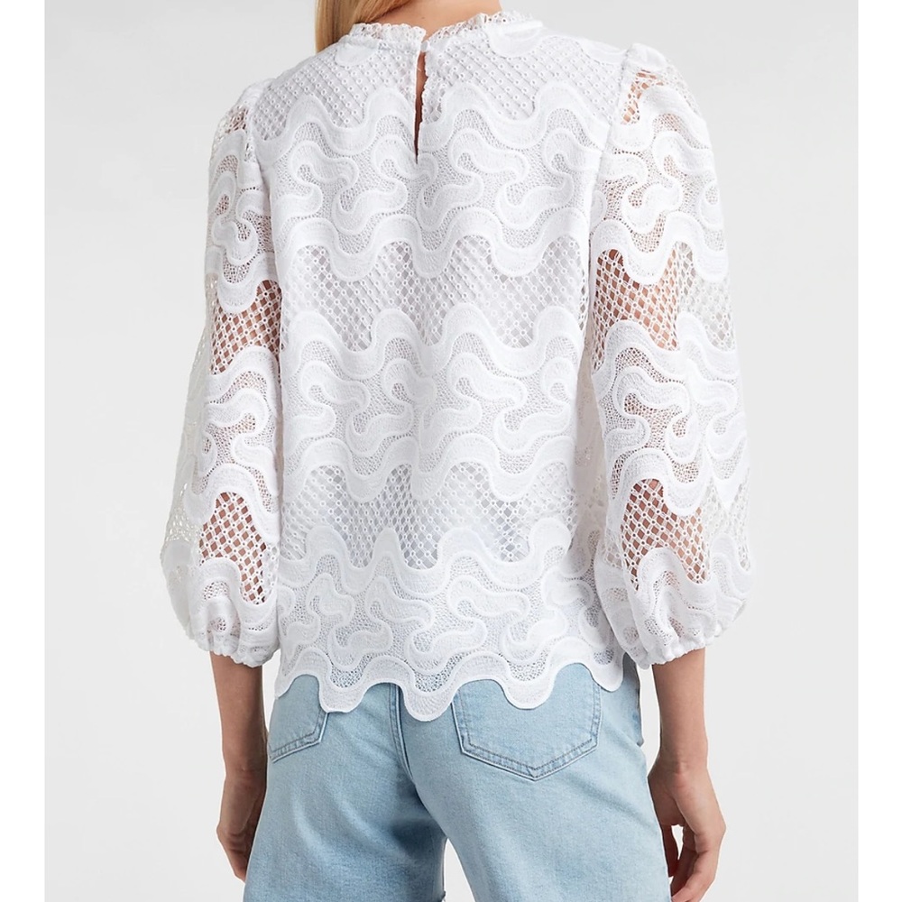 Express Ribbon Lace Ruffle Neck Top - White - XS - Picture 3 of 13